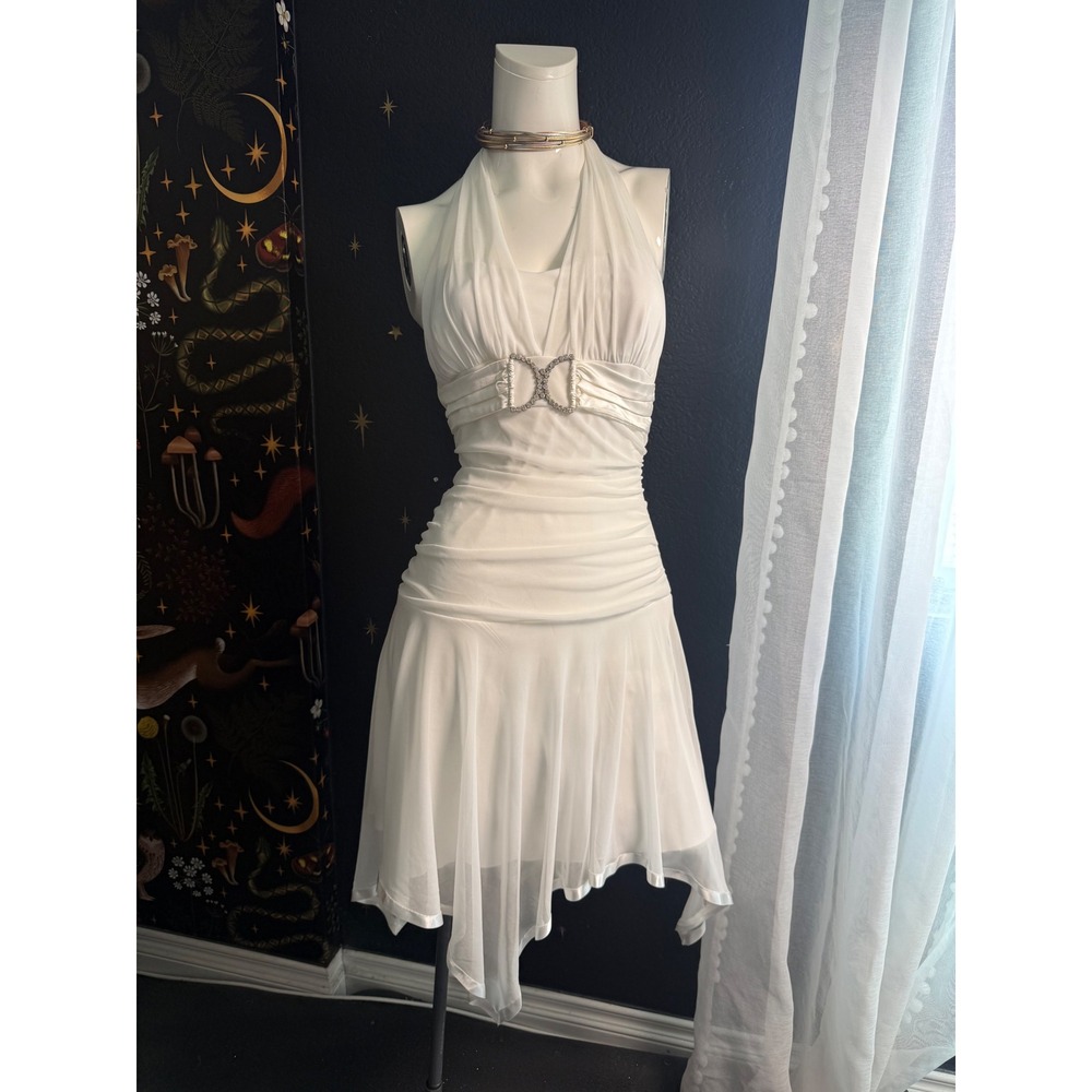Taboo White Halter Dress Ruched Rhinestone Buckle Handkerchief Hem Y2K Party